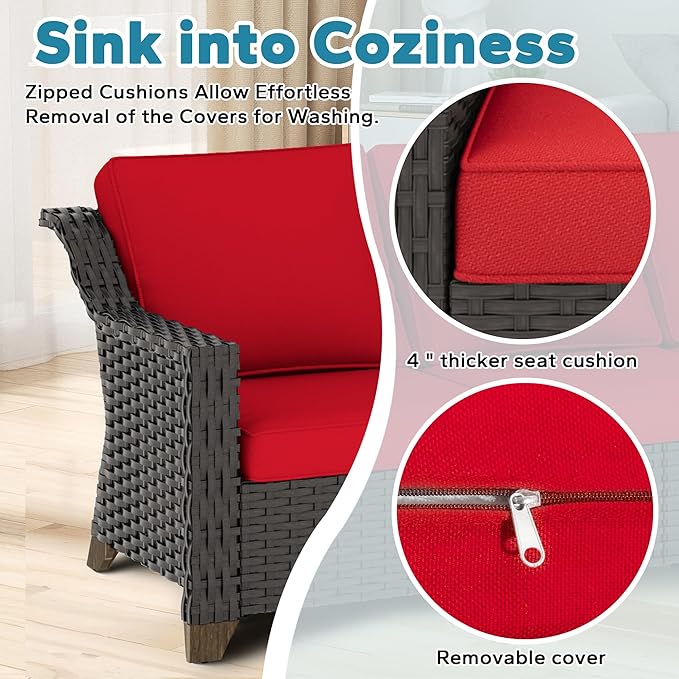 7 Pieces Outdoor Conversation Furniture Set - 77" Patio Sofa, 2 Swivel Rocker Chairs, 2 Ottomans, 1 Side Table, 1 Metal Table, Wicker Couch with Washable Cushions for Balcony (Red)