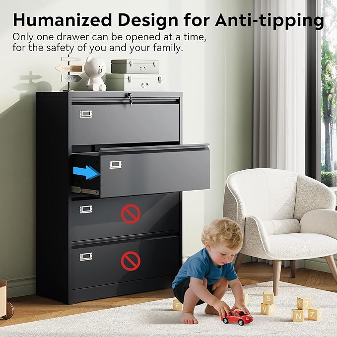 DEVAISE 4 Drawer Lateral File Cabinet with Lock, Metal Filing Cabinets for Home Office, 16" D x 35" W x 52" H Wide Storage Organization for Hanging Files Letter/A4/Legal/F4 Size, Black