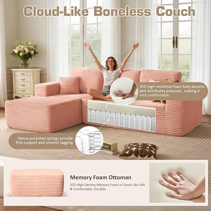 106" Cloud Sectional Couch with L-Shape Chaise & Ottoman, No Assembly Modular Sofa, Deep Seat Plush Corduroy Boneless Couched for Living Room (Pink Plush Corduroy, Left Facing Chaise with Ottoman)