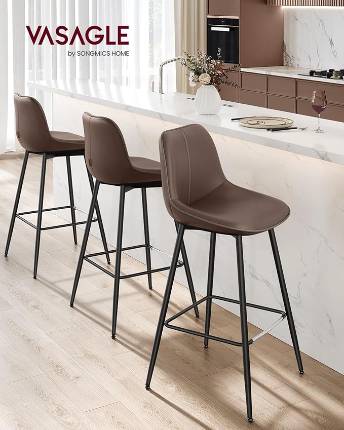 VASAGLE Bar Stools Set of 2, Bar Height Bar Stools with Back, Ergonomic Backrest, Synthetic Leather, Metal Legs, 28.7-Inch Tall Barstools for Kitchen Island Home Bar, Easy Assembly, Chestnut Brown