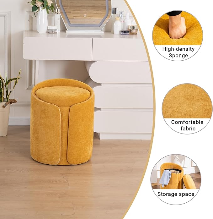 Swivel Vanity Stool with Gold Base Comfy Vanity Chair Modern Round Stool for Makeup Vanity Ottoman Foot Rest for Bedroom livingroom, Yellow