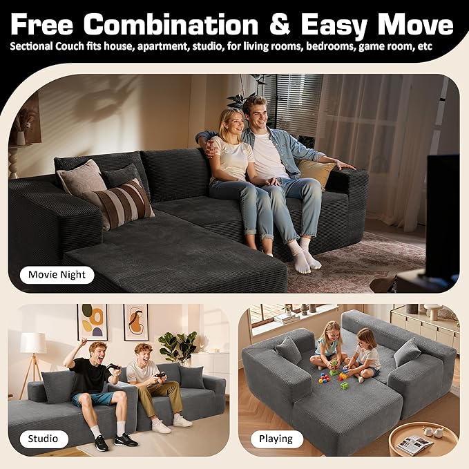 106" Cloud Sectional Couch with Chaise Lounge,L Shaped Modular Modern Sofa,Comfy Corduroy Fluffy Couches with Deep Seat,No Assembly Required Couch for Living Room(Left,Stripe Corduroy,Gray)