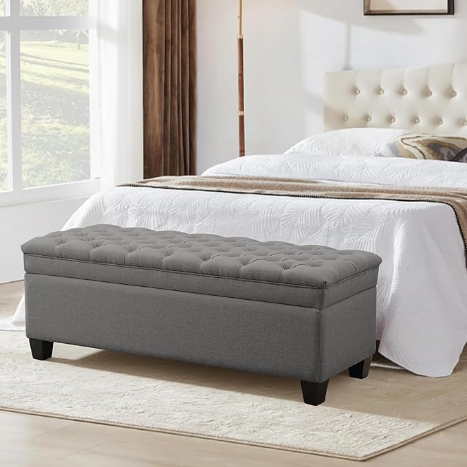 50" Storage Ottoman Bench, Rectangular End of Bed Storage Bench, Upholstered Large Fabric Tufted Ottoman with Storage for Living Room, Bedroom, Entryway,Dark Gray