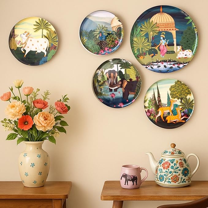 RITUALISTIC Dwarka Pichwai Wall Plates for home decoration & living room | Metal Wall décor | Gift items for unisex |wall art | wall showpiece| Home Décor Christmas Gift Items | Set of 5 plates