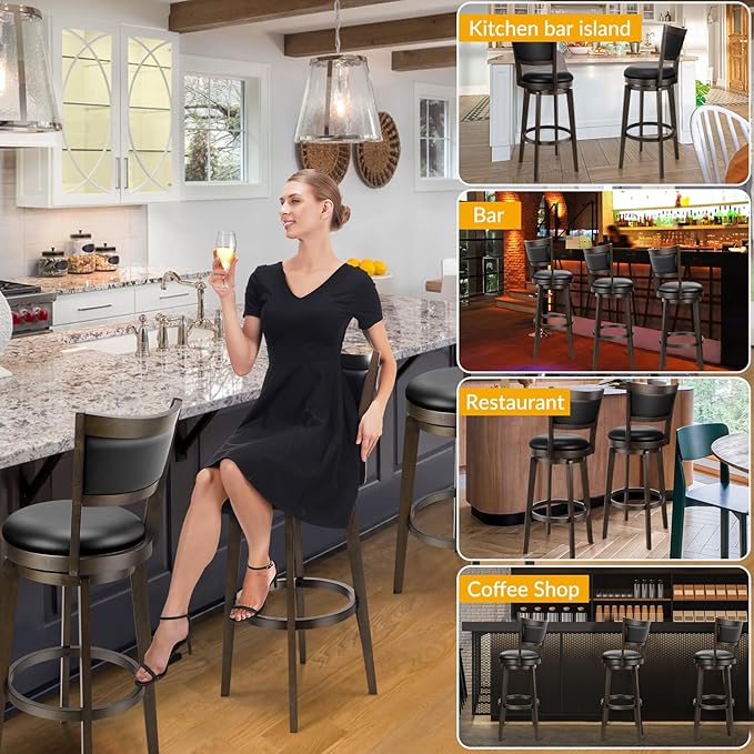 PrimeZone Swivel Bar Stools Set of 2, 34 Inch Extra Tall Bar Height Barstools, Black Faux Leather Bar Stool with High Backrest, Solid Wood Leg, Wrap-Around Footrest, Counter Stools for Pub