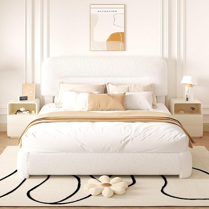 Queen Size Cloud Bed Frame, Upholstered Boucle Platform Bed with Adjustable Headboard, Anti-Collision Soft Rounded Corners, Noise Free, Easy Assembly, White