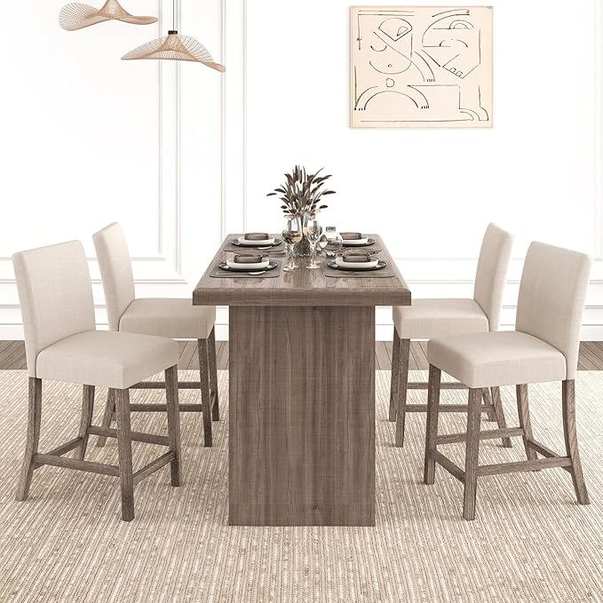 COSTWAY Counter Height Bar Stools Set of 4, 24.5’’ Upholstered Mid Century Modern Island Chairs with Rubber Wood Legs, Wooden Barstools for Kitchen, Dining Room, Bar, Restaurant (Beige)