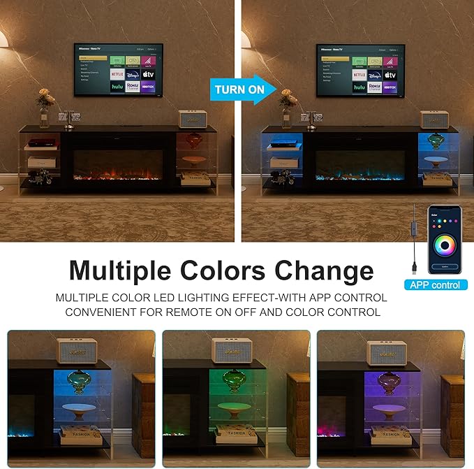 VECELO Fireplace TV Stand for Televisions up to 75" with 3D Flame/13 Colors, Modern Media Entertainment Center Console Table with LED Lights, 3 Tier Transparent Storage Shelves, for Living Room, Black
