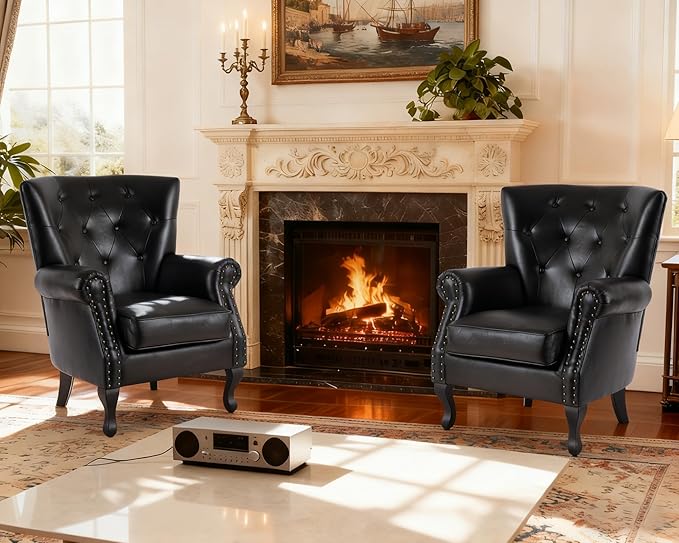 Modern Accent Chair Set of 2, Mid-Century PU Leather Armchair with Solid Wood Legs, Single Sofa Chair for Living Room, Bedroom, Leisure Room, or Reading Room(Black)
