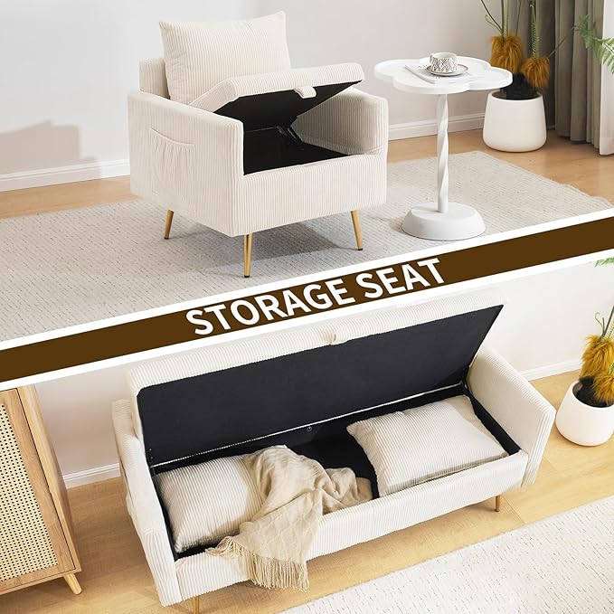 Furnimart 3-Seater Storage Sofa and Couch, Corduroy Loveseat with Accent Single Chair, Small Living Room Furniture Set for Apartment, Tiny Homes and Lofts, 2PC-Beige