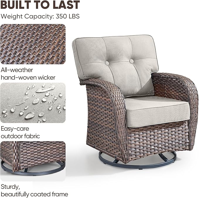 4-Piece Rotating Balcony Chair Set with 31-inch T-Shaped Wide backrest - Rattan Outdoor Rotating Balcony Chairs, Wide backrest Comfortable Outdoor Sliding Chair - Brown Rattan | Beige Cushions