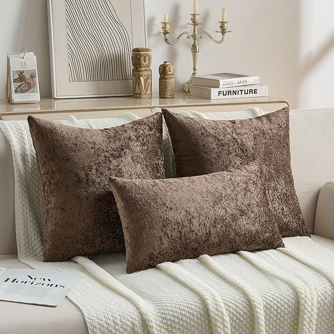 FUTEI Dark Coffee Flannel Throw Pillow Covers 24x24 Inch Set of 2,Soft Dimensional Textured European Cushion Cases,Modern Home Decor for Couch Living Room