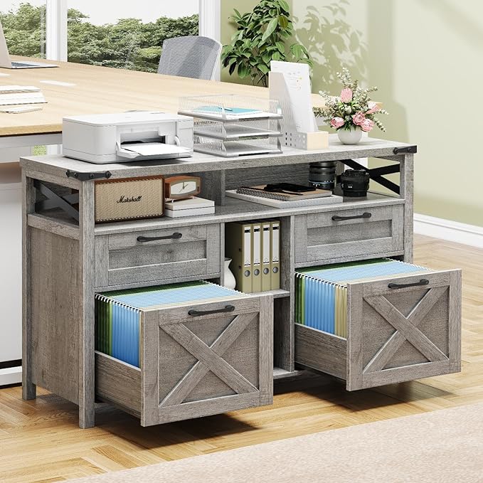 Filing Organization Storage Cabinets 4 Drawer with Adjustable Shelf, Lateral Filing Cabinet with Open Storage Shelf for Home Office, Farmhouse File Cabinets for Hanging Files Letter/A4.Gray