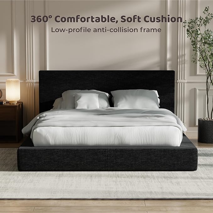 RECCI Cloud Upholstered Queen Bed Frame with Headboard, 5 Inch Foam Padded Platform, No Box Spring, Easy Assembly (Onyx)