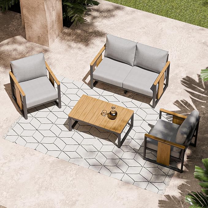 ZANDOR Aluminum Outdoor Patio Furniture Set,4-Piece Sectional Sofa with Coffee Table,Washable Thick Cushions,Modern Patio Conversation Set for Backyard,Garden,Porch,Balcony,Deck,Gray