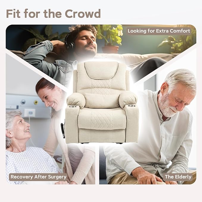 Oversized Lazy Boy Recliner Chair, 2 Motor Leather Recliner, Nursing Lift Chair with Massage and Lumbar Heating, Functional Adult Power Recliner with Cup Holders
