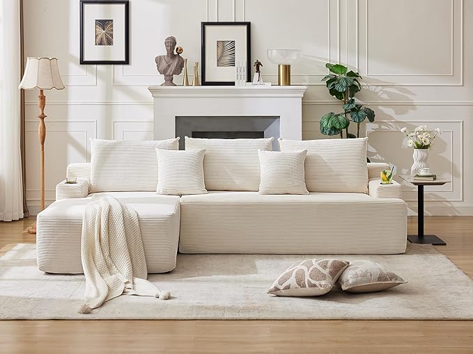 106" Cloud Sectional Couch, Modular Sectional Sofa with L-Shape Chaise, Corduroy Boneless Couch with Deep Seat, Upholstered Sofa for Living Room, No Assembly Required(Left-Facing Chaise, White)