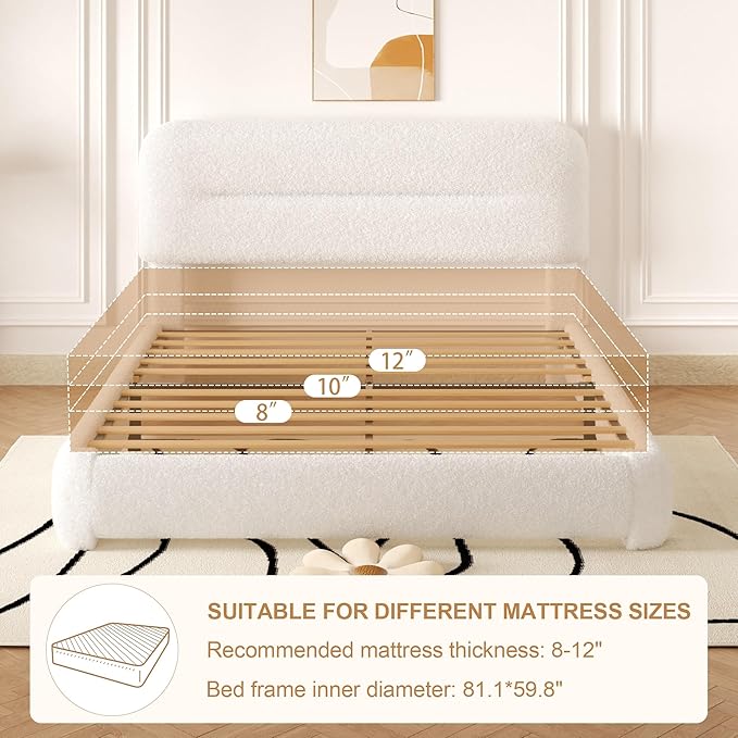 Queen Size Cloud Bed Frame, Upholstered Boucle Platform Bed with Adjustable Headboard, Anti-Collision Soft Rounded Corners, Noise Free, Easy Assembly, White