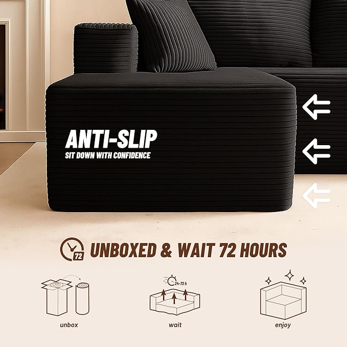 107" Boneless Couch with Deep Seat, Modular Sectional Sofa, Cloud Sectional Couch for Living Room, No Assembly Required, Corduroy, L-Shape Left，Black