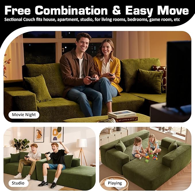 106" Cloud Sectional Couch with L-Shape Chaise & Ottoman, No Assembly Modular Sofa, Deep Seat Corduroy Boneless Couched for Living Room (Green Cloudy Velvet, Right Facing Chaise with Ottoman)