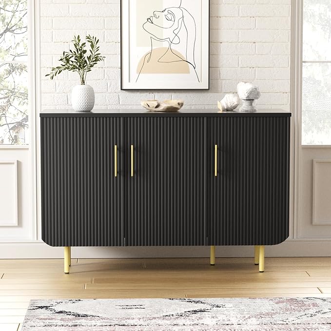 Modern Fluted Black Storage Cabinet with 3 Doors, Adjustable Shelves, and Metal Legs, Accent Buffet Sideboard for Living Room, Dining Room, Entryway (Black & Gold)