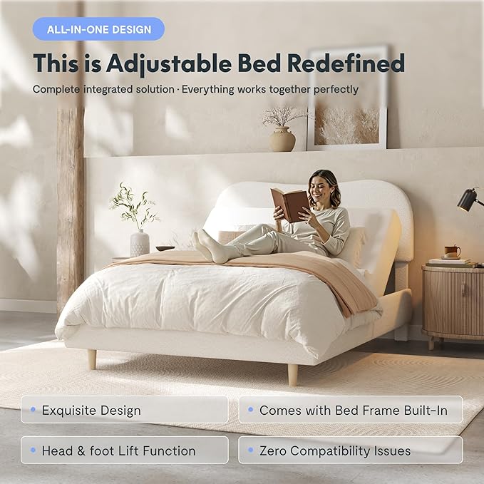 FLEXISPOT Queen All-in-One Adjustable Bed with Fluffy Boucle Bed Frame, Soft Cloud Bed with Head & Foot Incline, Adjustable Headboard, Thick Foam Padding, 10-Year Warranty, Easy Assembly, White