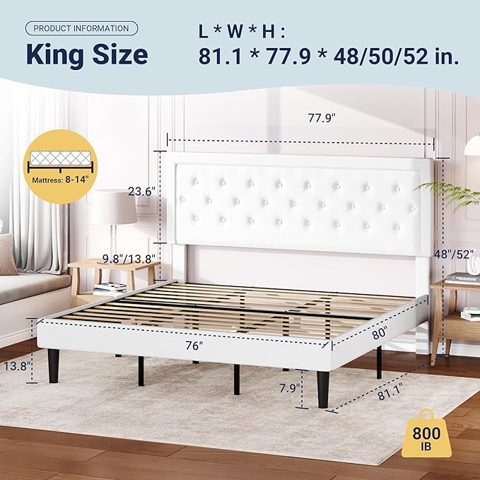 Allewie King Size Velvet Upholstered Bed Frame with Adjustable Headboard, Diamond Tufted Design, Wood Slat Support, Noise-Free EVA Strip, Easy Assembly, White