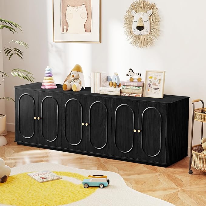 63'' Fluted Sideboard Buffet Cabinet with Storage and 6 Doors, Low Storage Cabinet Modern Wooden Accent Credenza Console Table for Kitchen Dining Living Room Entryway, (63"W*15.75"D*21.4"H) Black