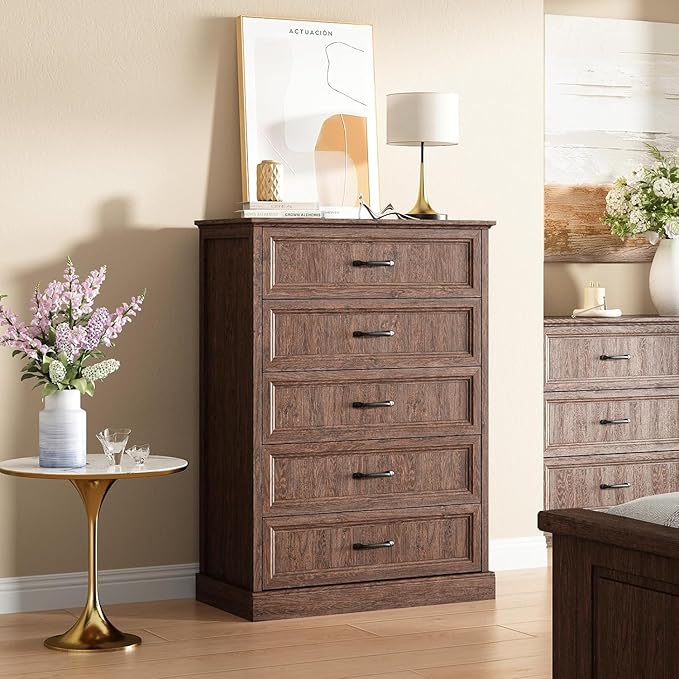 CARPETNAL Farmhouse Dresser and Nightstand Sets for Bedroom, 4 Pcs Bedroom Set, 5 Drawer & 6 Drawer Dresser and Nightstand Set of 2, Wood Chest of Drawers for Living Room, Entryway, Brown