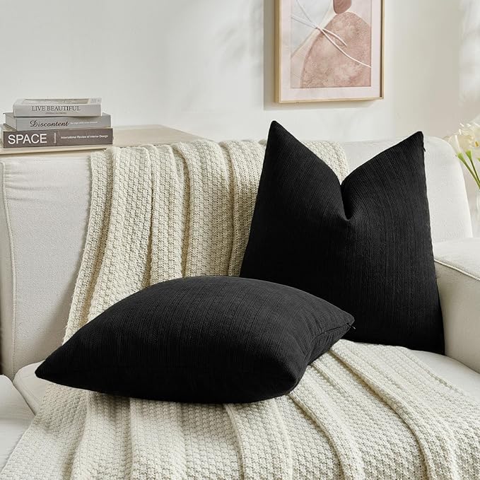 FUTEI Black Decorative Throw Pillow Covers 16x16 Inch Set of 2,Soft Cozy Wheat Ear Striped Patterns Cushion Cases,Modern Home Decor for Couch Bed Living Room