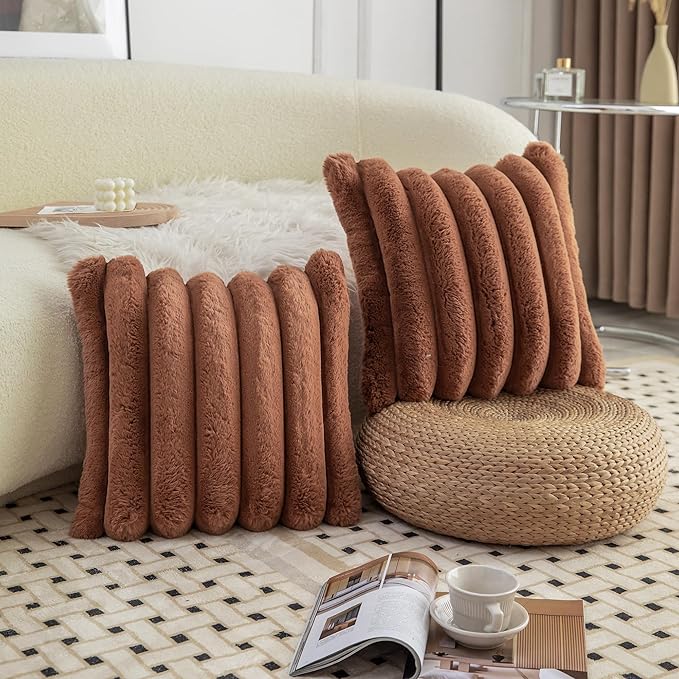 Neelvin Brown Faux Fur Cozy Soft Stripe Decorative Throw Pillow Covers 26x26 inch Set of 2,Velvet Pillowcase Cushion Case for Sofa Couch