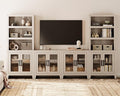 WAMPAT Farmhouse Entertainment Center with Bookshelves, 4-Piece Modular TV Stand with Storage Towers, Glass Doors, Open Shelves, Media Console for Living Room, Home Theater, Beige