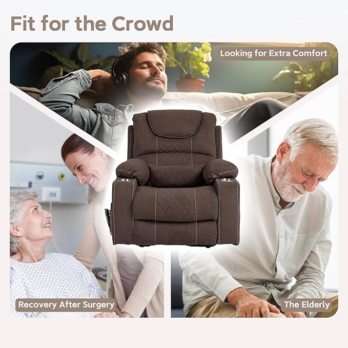 Oversized Lazy Boy Recliner Chair, 2 Motor Leather Recliner, Nursing Lift Chair with Massage and Lumbar Heating, Functional Adult Power Recliner with Cup Holders