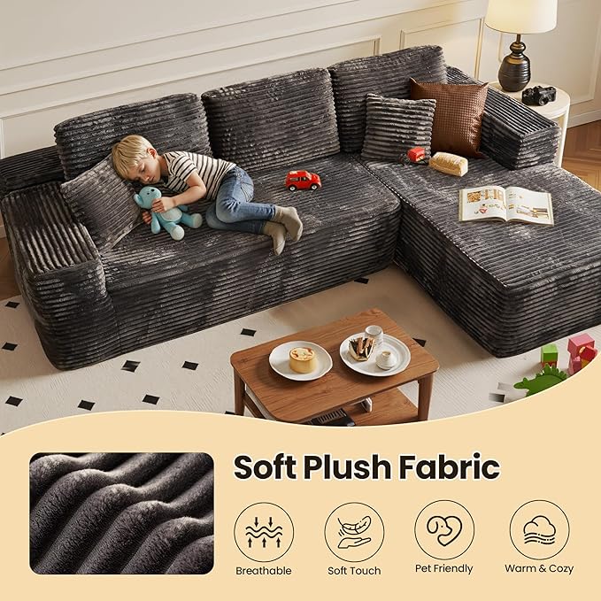 104" Cloud Sectional Couch with Chaise, Boneless L-Shaped Cloud Couch with Deep Seat, Soft Plush Modern Minimalist Sofa, Assembly Free Comfy Sofa for Office Living Room Apartment(Grey, Right Chaise)