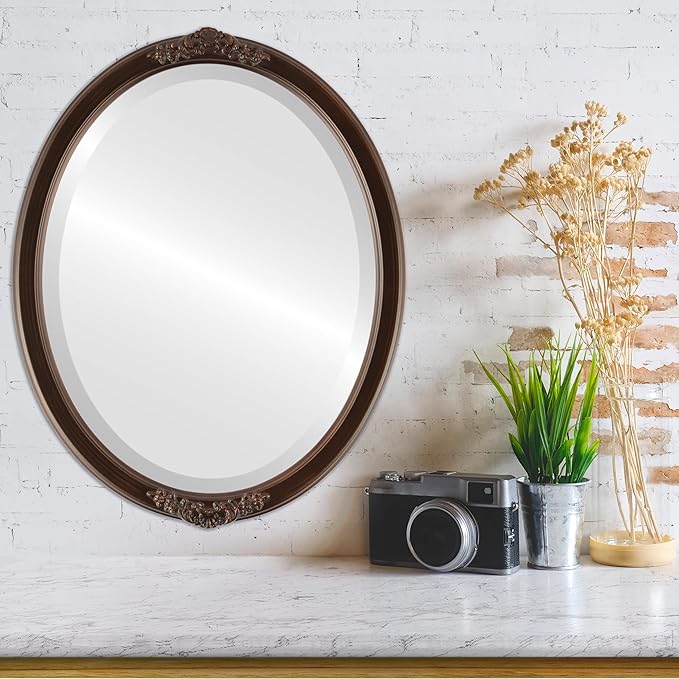 OVALCREST Oval Beveled Wall Mirror for Home Decor - Athena Style - Rubbed Bronze - 26" x 22" Outside Dimensions