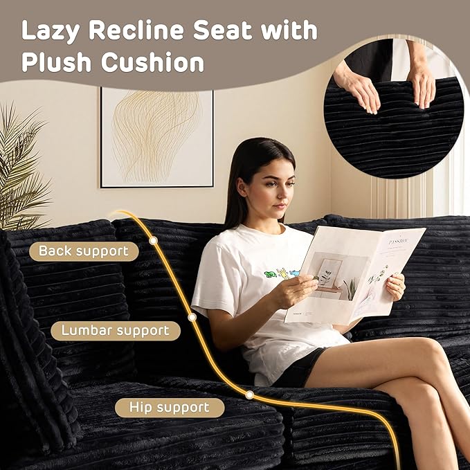 98" Modular Sectional Sofa Set with Swivel Chair, Modern Cloud Couch Plush Corduroy 3 Seater Deep Seat Sofas with Accent Armchair for Living Room Small Space, Black