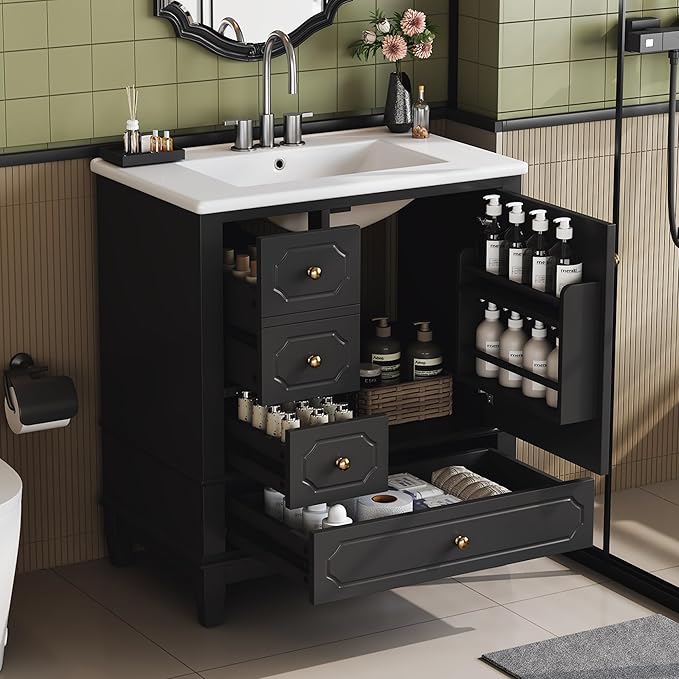 Bathroom Vanity with Ceramic Sink 30 inch, Multi-Functional Storage Cabinet with Drawers and Door Shelf, Solid Wood Frame, Soft-Closing Door, Black