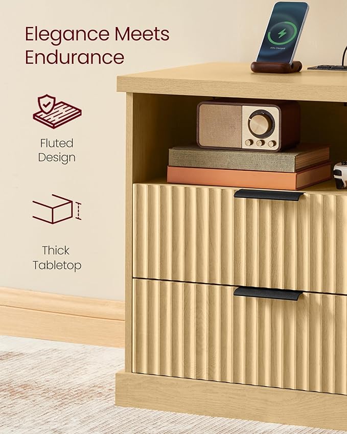 VASAGLE MAXE Collection - Nightstand with Charging Station, Fluted Night Stand, Bedside Table, Mid Century Modern Side End Table, 2 Drawers, 2 AC Outlets, 2 USB Ports, Oak Beige ULET626Y01S