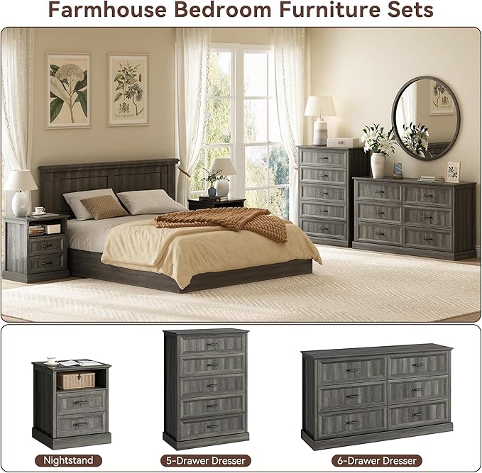 CARPETNAL Farmhouse Dresser and Nightstand Sets for Bedroom, 4 Pcs Bedroom Set, 5 Drawer & 6 Drawer Dresser and Nightstand Set of 2, Wood Chest of Drawers for Living Room, Entryway, Grey