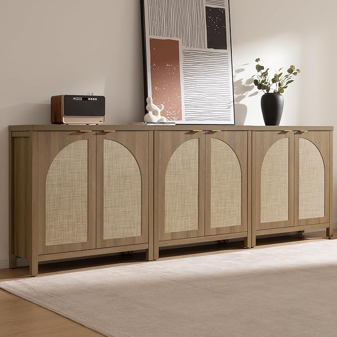 SICOTAS 68" W Rattan Sideboard Buffet Cabinet with Storage Set of 2, Mid Century Modern Credenza with Arch Doors & Shelves Farmhouse Coffee Bar Media Console Cabinets for Living Room, Entryway