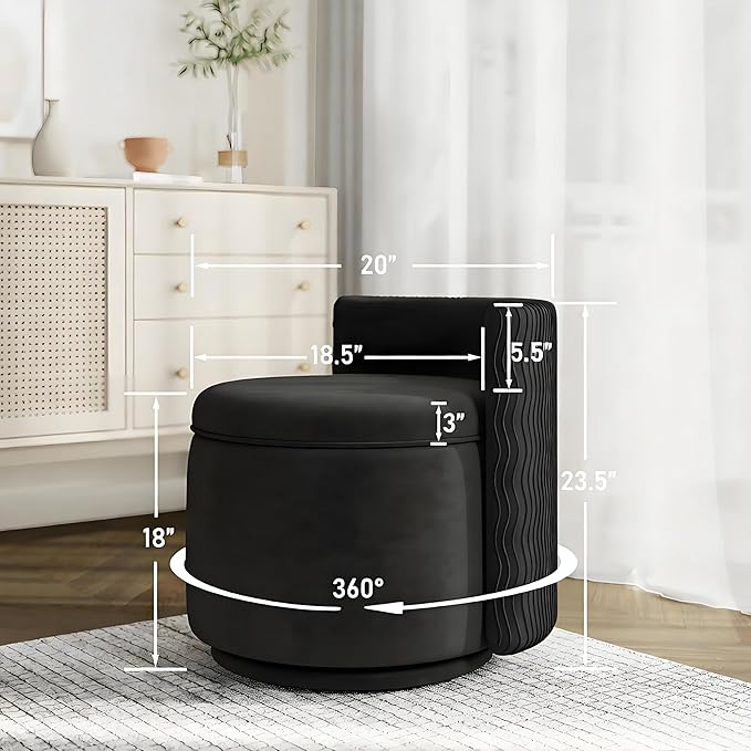 360° Swivel Accent Chair with Storage, Vanity Stool with Back, Velvet Storage Ottoman, Upholstered Round Barrel Vanity Chair for Living Room, Makeup Room, Bedroom (Black)