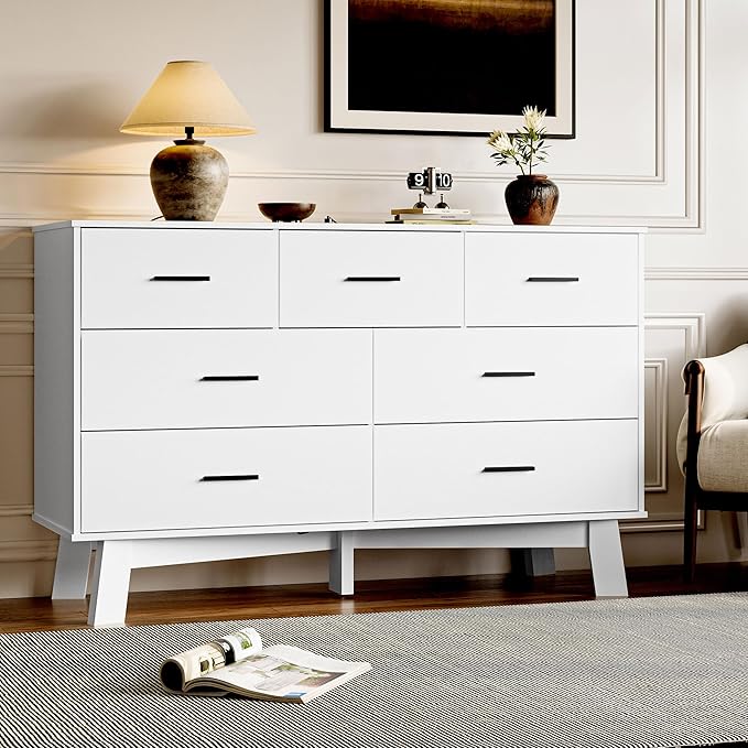 Dresser for Bedroom with 7-Drawer, 47.2" Wide Modern Chest of Drawers with Metal Handles, X-Shape Base & Adjustable Center Leg, Anti-Tip Closet Organizers and Storage