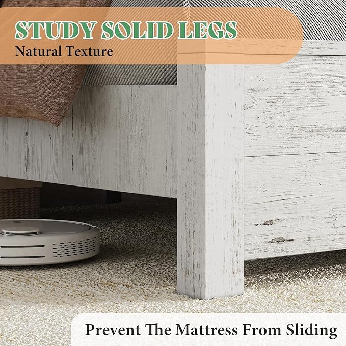 AMERLIFE Full Size 51.2" Wood Bed Frame, Rustic Platform Bed with Spliced Headboard, Wood Slats Support/No Box Spring Needed/Noiseless/Antique White