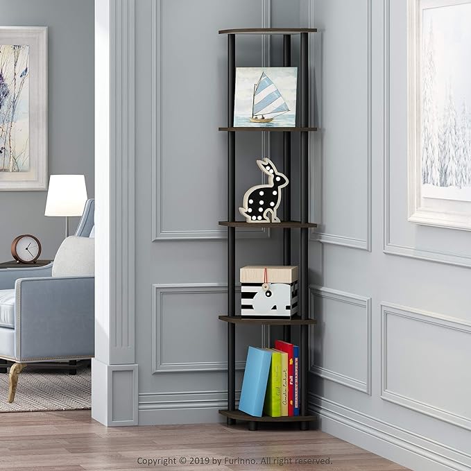 Furinno TURN-N-TUBE Corner Shelf Set of 2, 5-Tier Corner Bookshelf, Open Storage Shelves, for Organization and Storage, Living Room, Home Office, Garage, Dark Brown Grain