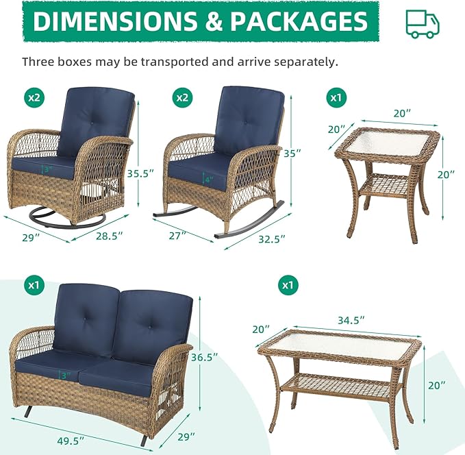 VIVIJASON 7-Piece Outdoor Patio Wicker Conversation Sets, All Weather Outdoor Rattan Furniture Set Includes Glider Loveseat, 2 Rocking Chairs, 2 Swivel-Gliders Chairs, 2 Coffee Table, Navy Blue