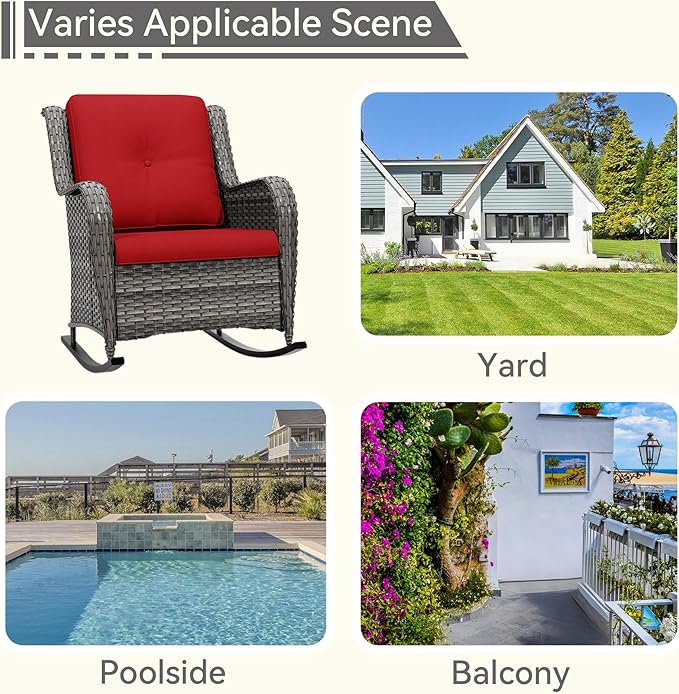 1 PC Outdoor Rocking Chair, Wicker Patio Rocker Chair for Yard, Porch, Mixed Brown Grey Rattan, Red Cushions