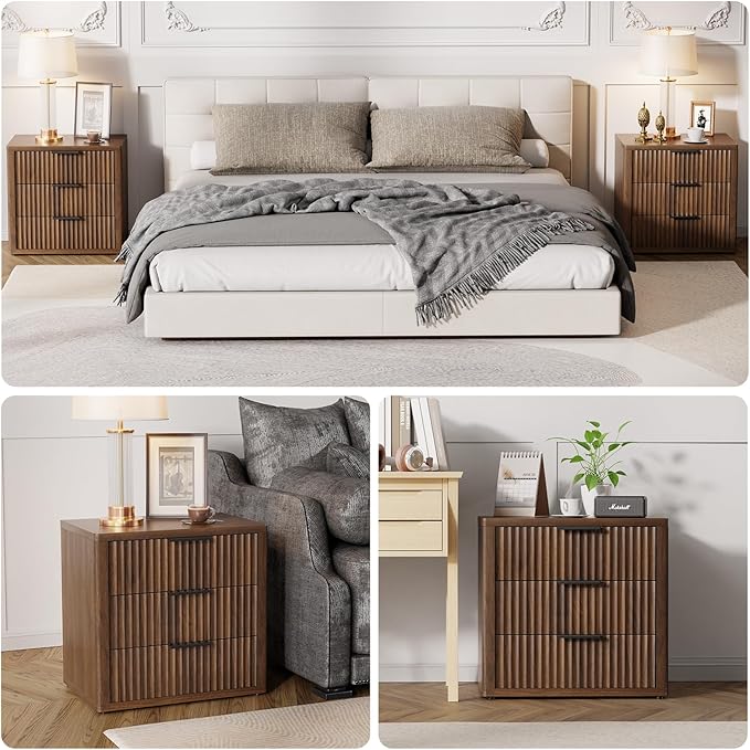 Night Stand with 3 Drawers, 23" Wide Modern Nightstand with Large Storage, Fluted Bed Side Table with Metal Handle, End Table Tall Nightstand for Bedroom, Living Room, Office, Walnut