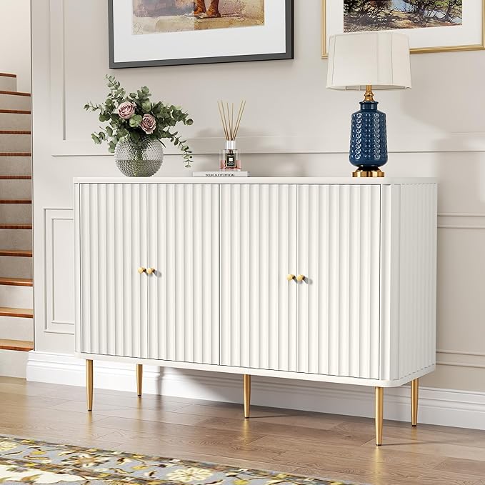 HLR Sideboard Buffet Cabinet, 48" Modern Accent Cabinet with 4 Door and Removable Shelves, Credenza with Storage for Living Room, Dinning Room, Entryway, White