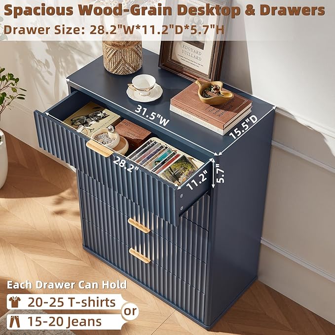 LEYAOYAO Fluted 5 Drawers Dresser for Bedroom, 41" Tall Modern Chest of Drawers with Metal Handle, Curved Profile Farmhouse Closet Organizer Wood Dressers TV Stand for Living Room, Hallway, Navy Blue