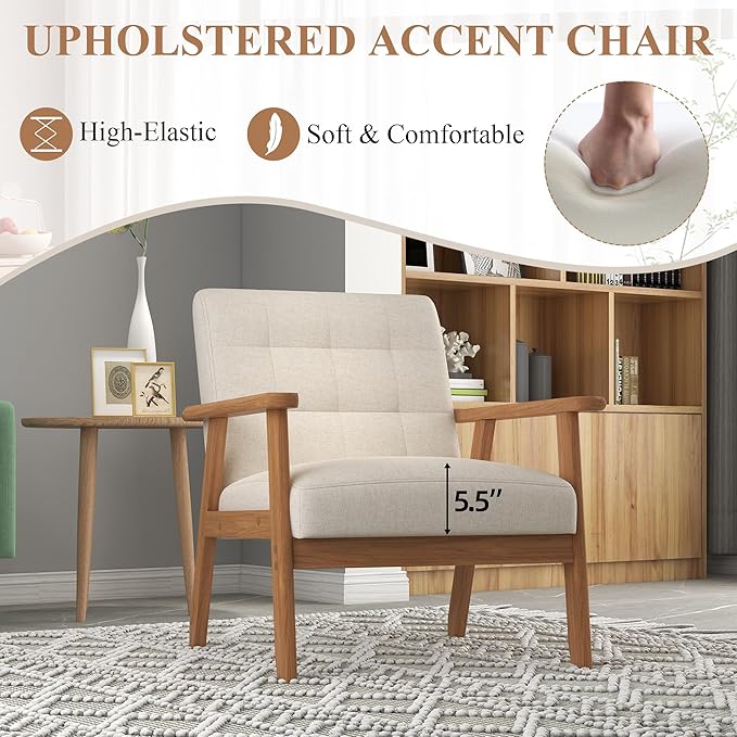 Westice Accent Chair Set of 2, Mid-Century Modern Living Room Chairs with Solid Wood Frame & Soft Thicken Cushion, Upholstered Arm Reading Chair for Bedroom, Balcony, Beige Linen Fabric & Natural Legs